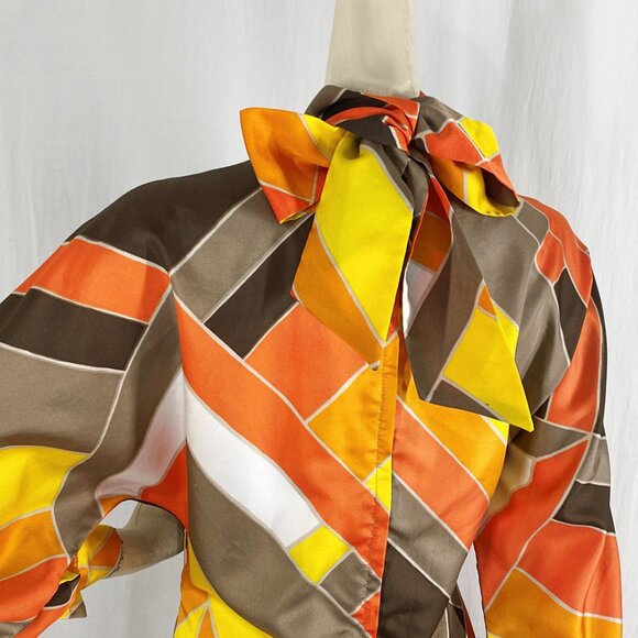 Vintage 1970s Maxi Dress Bold Geometric Print Orange Brown Neck Scarf - Picture 4 of 7